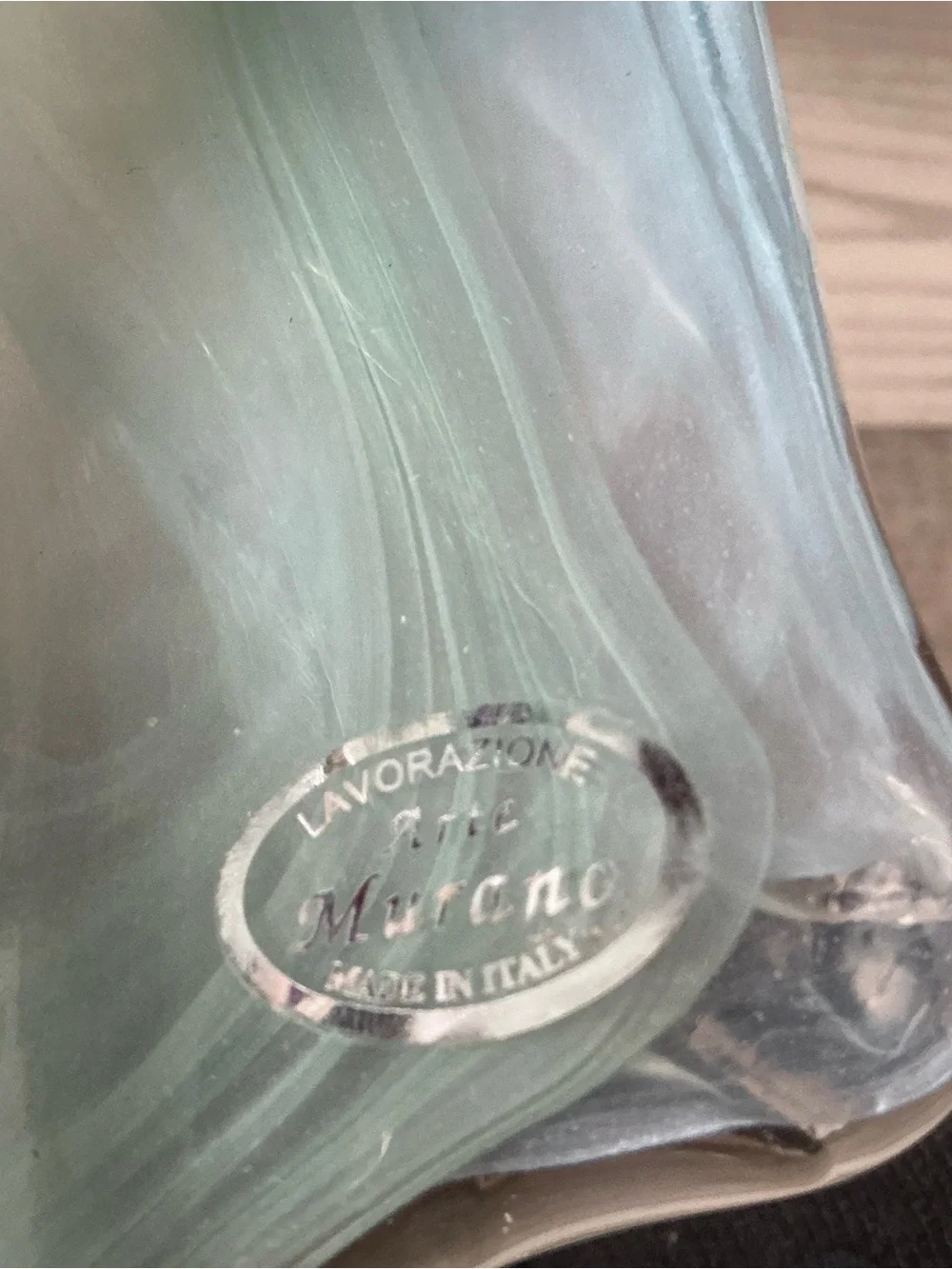 Vtg Lovarazione Art Murano glass aqua blue & green swirl ruffled vase Italy